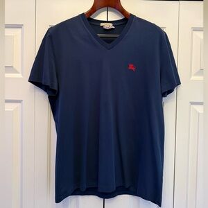 Burberry Men’s Navy V-Neck Tee with Red Logo